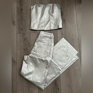 Wayf 2 pcs set faux leather Silver Straight Leg Women's Pants and corset top